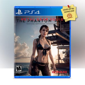 May include: A video game cover for the PlayStation 4 featuring a woman in a black bikini top and pants standing in front of a sunset. The game title is "Metal Gear Solid V: The Phantom Pain" and the game is rated M for Mature.