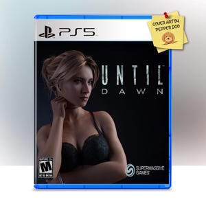 Puede incluir: Caja de juego de PS5 azul para "Until Dawn" con una mujer con un top negro en la portada. El título del juego está en letras blancas sobre un fondo negro. Una nota adhesiva amarilla con una ilustración de perro está adjunta.