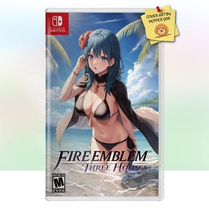 Puede incluir: Una portada de videojuego con una mujer de pelo azul que lleva un bikini negro y una bata blanca. El juego se llama "Fire Emblem: Three Houses" y está clasificado como M para adultos.