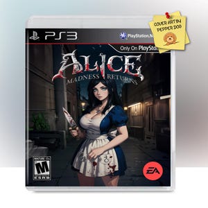 Puede incluir: Caja de juego de PS3 para "Alice: Madness Returns". La portada presenta a una mujer con un vestido azul y blanco sosteniendo un cuchillo. El título del juego está en una fuente estilizada con un esquema de color rojo y blanco. La clasificación ESRB es "M" para mayores de 17 años.