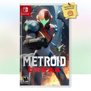 May include: A video game case for the Nintendo Switch featuring a red and blue character with a helmet and a gun. The game is called "Metroid Dread" and has a mature rating.