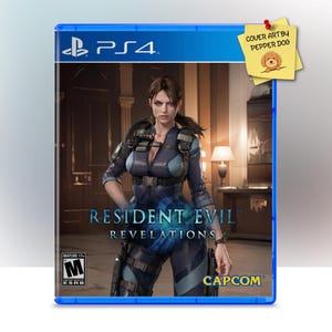 May include: A blue PlayStation 4 game case featuring a woman in a dark blue jumpsuit holding a gun. The game is titled "Resident Evil Revelations" and is rated M for Mature by the ESRB. The game is published by Capcom.