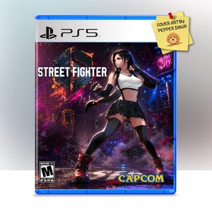 May include: A PlayStation 5 video game case for Street Fighter featuring a female character with long dark hair, wearing a white top, black skirt, and red boots. The cover art displays the title Street Fighter, the Capcom logo, and an M rating.