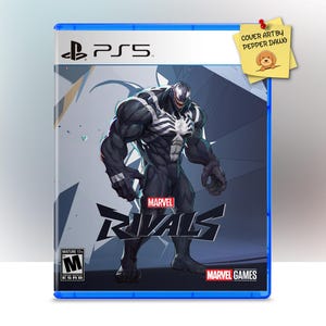 May include: A PlayStation 5 video game case for Marvel Rivals featuring the character Venom in the centre. The cover art displays the Marvel Rivals logo, the Marvel Games logo, and an ESRB Mature 17+ rating. A yellow sticky note reads Cover Art by Pepper Dawg.