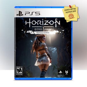Puede incluir: Una caja de juego de PlayStation 4 azul con una imagen de una mujer con un atuendo blanco y marrón. El juego se llama "Horizon Zero Dawn Remastered" y está clasificado como M para Maduros.