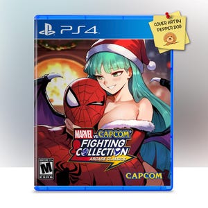 May include: A video game cover featuring a red and blue Spider-Man character and a woman with green hair wearing a red and white Santa hat. The game title is "Marvel vs Capcom Fighting Collection Arcade Classics" with the Capcom logo at the bottom.