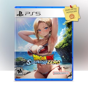 Puede incluir: Caja de juego de PS5 para Dragon Ball: Sparking! Zero. La portada presenta un personaje de anime rubio en bikini rojo en una playa. El título del juego está en amarillo y azul. La caja es azul.