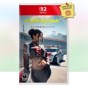 Könnte beinhalten: Cyberpunk 2077: Ultimate Edition Spielhülle für Nintendo Switch. Das Cover zeigt eine Frau in futuristischer Kleidung, ein Sportwagen und den Titel des Spiels. Ein Haftzettel mit einer Hundeillustration ist angebracht.