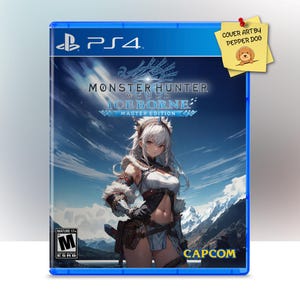 Könnte beinhalten: Ein blaues PlayStation 4-Spielgehäuse mit einem weißen und blauen Design. Das Spiel ist Monster Hunter World: Iceborne Master Edition. Das Cover zeigt eine weibliche Figur mit weißen Haaren und einem blauen und weißen Outfit. Das Spiel ist mit M für Mature bewertet.