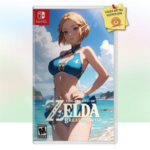 May include: A video game cover featuring a woman with long blonde hair wearing a blue bikini. The background is a beach scene with blue water and a sky with clouds. The game title is "The Legend of Zelda: Breath of the Wild" and the Nintendo Switch logo is in the top left corner.