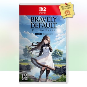 May include: Nintendo Switch game case for Bravely Default Flying Fairy Remaster. The cover art shows a woman in a white dress with long brown hair, set in a landscape with trees and water. A yellow sticky note with a dog illustration is attached.