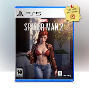 May include: A PlayStation 5 game case for Marvel's Spider-Man 2. The cover art features a woman with red hair in a brown jacket and jeans. The game title is in white, and the case has a blue border. A small yellow sticky note with a dog illustration is attached.