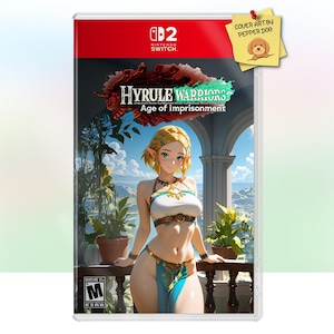 Könnte beinhalten: Nintendo Switch Spielhülle für "Hyrule Warriors: Age of Imprisonment". Das Cover zeigt eine weibliche Figur in einem weißen und blauen Outfit, die auf einem Balkon steht. Die Spielhülle hat einen roten oberen Teil und das Nintendo Switch Logo.