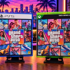 May include: Two video game cases for Grand Theft Auto VI, one in a blue PlayStation 5 case and one in a green Xbox Series X|S case. Both feature a collage of game characters, vehicles, and the title text on a vibrant, sunset-themed background.