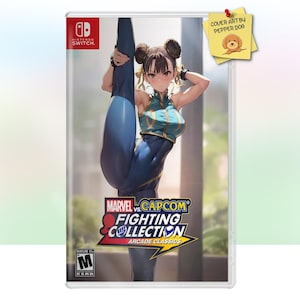 May include: A video game cover featuring a woman in a blue and green outfit performing a leg stretch. The game is called "Marvel vs Capcom Fighting Collection Arcade Classics".