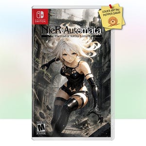 Peut inclure: Un boîtier de jeu Nintendo Switch pour NieR:Automata The End of YoRHa Edition. La couverture montre un personnage aux cheveux blancs en tenue noire devant une ville en ruines. Un post-it jaune indique Cover Art by Pepper Dawg avec une icône de chien.