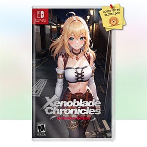Può includere: Una copertina di videogioco per Xenoblade Chronicles: Definitive Edition per Nintendo Switch. La copertina presenta un personaggio femminile con capelli biondi e un abito bianco e marrone. Lo sfondo è un vicolo buio con un cartello che recita "Xenoblade Chronicles: Definitive Edition".