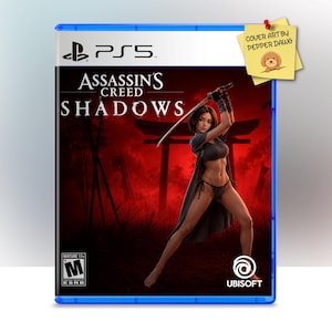 Puede incluir: Una caja de juego de PlayStation 5 para Assassin's Creed Shadows con un personaje sosteniendo una katana sobre un fondo rojo con una puerta torii. Una nota adhesiva amarilla en la esquina superior derecha dice Cover Art by Pepper Dawg con un icono de perro.
