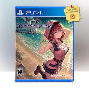 May include: A PlayStation 4 video game case for Kingdom Hearts III featuring a character in a pink hooded outfit on a beach. The cover includes the game title, the Square Enix logo, an M rating, and a yellow sticky note reading Cover Art by Pepper Dawg.