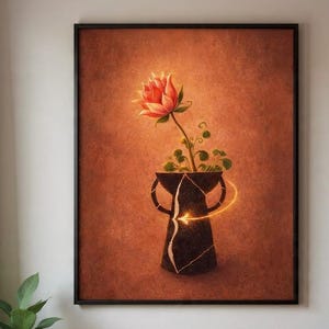 Op de afbeelding: Een ingelijste kunstdruk met een gestileerde illustratie van een rode bloem in een donkere vaas. De vaas heeft een gouden gloed. De achtergrond is een warme, roodbruine kleur.