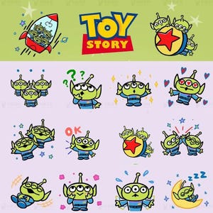 24 GIF PNG Toy Story Alien Pack – Cute Green Alien Clipart, Cartoon Space Alien Stickers, Digital Download, Kawaii Alien Emoji