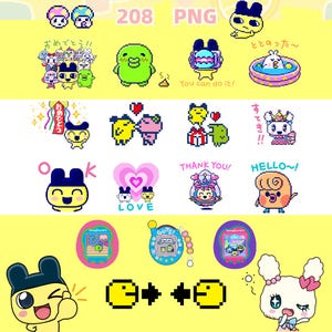 Pacote com 280 adesivos PNG estilo Tamagotchi – 280 emotes pixelados retrô fofos, carinhas de humor kawaii, adesivos digitais de animais de estimação para diários, notas e bate-papos