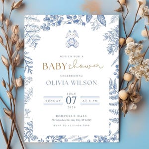 CHINOISERIE TOILE UITNODIGING - blauwe chinoiseriekaart babyshower - sjabloon uitnodiging babyshower - blauw thema babyshoweruitnodiging - elegant
