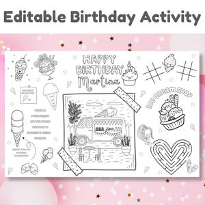 ICE CREAM BIRTHDAY Placemat. Personalised Girl ice cream Birthday Party - birthday activity -  girls birthday ice cream decor - party favors