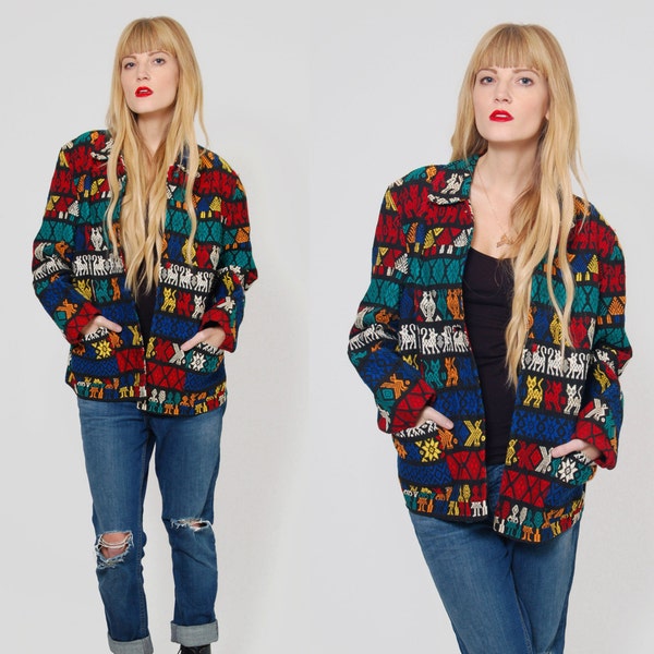 Vintage 80s GUATEMALAN Jacket COLORFUL Cat TRIBAL Embroidered Boyfriend Blazer Mexican Ethnic Jacket