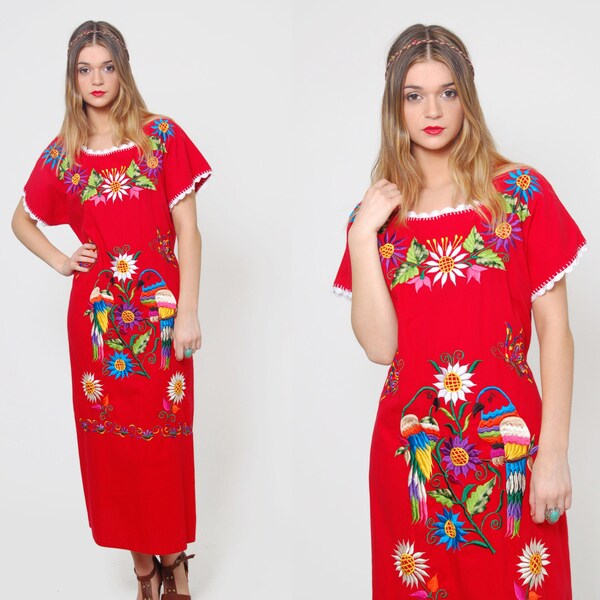 Vintage MEXICAN Dress Red EMBROIDERED Lovebird Ethnic Hippie Dress Boho Festival Tent Dress Cotton Midi Dress