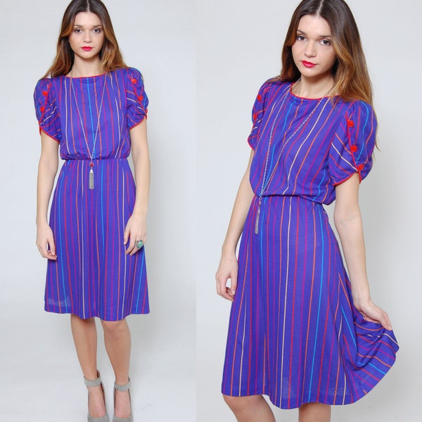 RESERVED for Sommer Lynn Vintage 80s STRIPE Secretary Dress Purple RAINBOW Striped Blouson Dress Short Sleeve Midi Dress