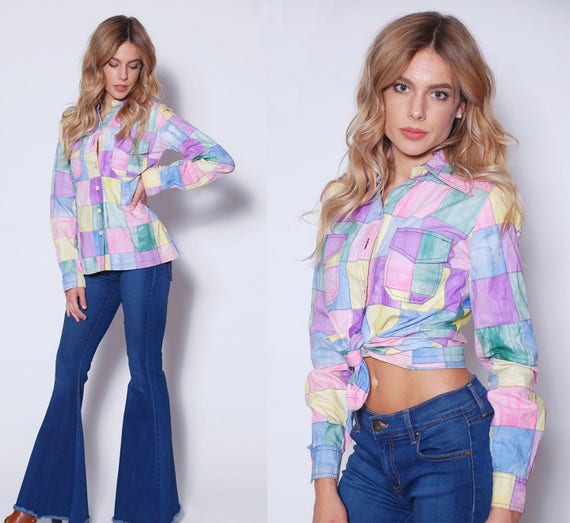 Vintage 70s PATCHWORK Shirt Pastel MADRAS Button D