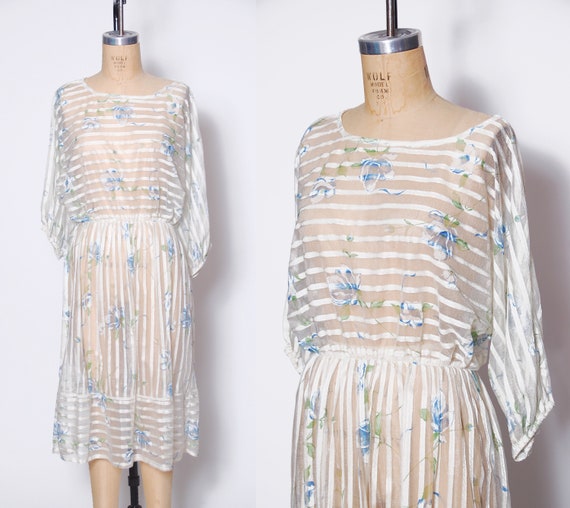 Vintage 80s sheer floral dress / 1980s white strip