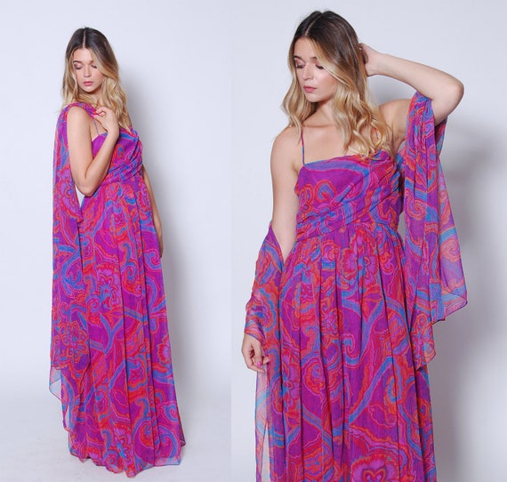 Vintage 70s Purple CHIFFON Maxi Dress PSYCHEDELIC