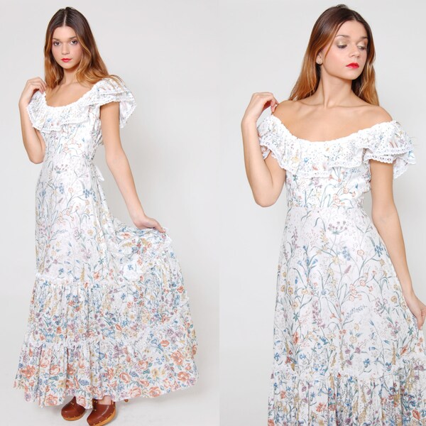 Vintage 70s FLORAL Maxi Dress LACE Trim Off The Shoulder Hippie Dress Boho Wedding Dress