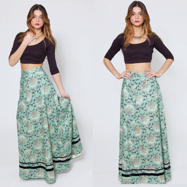 Vintage 70s FLORAL Maxi Skirt Mint GREEN Boho Chic High Waisted PAISLEY Floral Bouquet Hippie Skirt