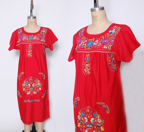Vintage MEXICAN Dress Red Floral EMBROIDERED Ethni