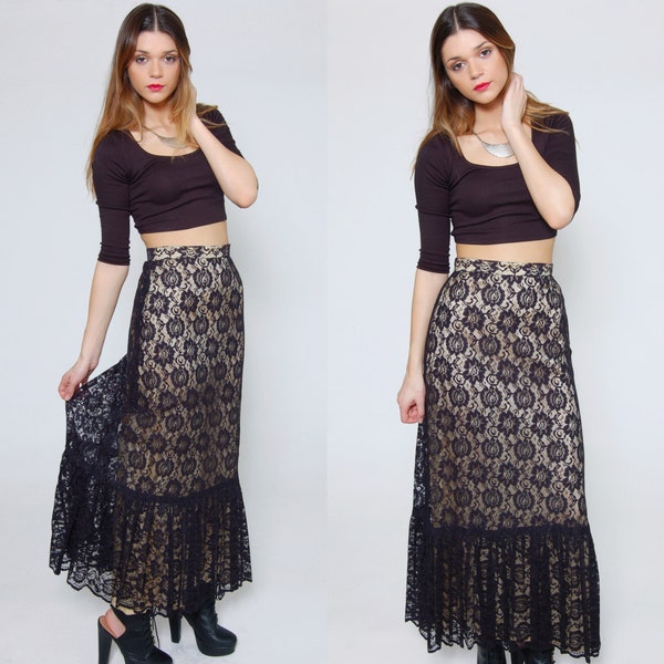 Vintage 70s Black LACE Maxi Skirt Long Lace Skirt High Waisted Victorian Skirt
