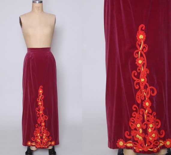 Vintage 70s burgundy velvet maxi skirt / orange so