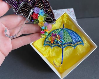 Kralen paraplubroche, kralenbroche, paraplu met bloemen, parapluaccessoire, handgemaakte paraplu, broche voor vrouwen, herfstdecoratie