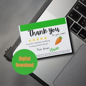 Instacart 配達ドライバー向けデジタル印刷可能なサンキューカード、カスタマイズされたデジタルダウンロード、5 つ星評価、カードサイズ 4.25 x 5.5