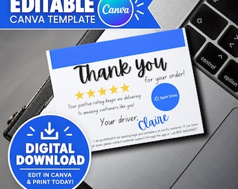 May include: A white thank you card for Spark Driver customers featuring a blue header, five yellow stars, and the text: Thank you for your order! Your positive rating keeps me delivering to amazing customers like you! Your driver, Claire.
