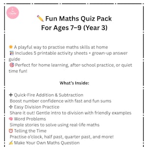 Puede incluir: Un paquete de cuestionarios de matemáticas imprimible en blanco para niños de 7 a 9 años (Año 3). Incluye ejercicios de suma, resta, división, problemas de palabras y lectura de la hora. Ideal para el aprendizaje en casa y extraescolar.