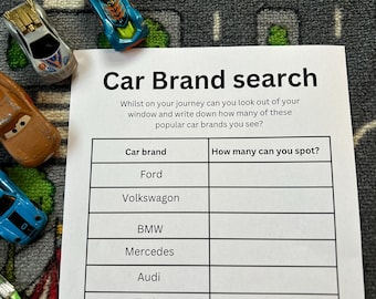 Juego imprimible de búsqueda de marcas de autos / Juego divertido para niños para viajes por carretera / Hoja de actividades de viaje / Juego de avistamiento de autos / Actividad navideña sin pantalla