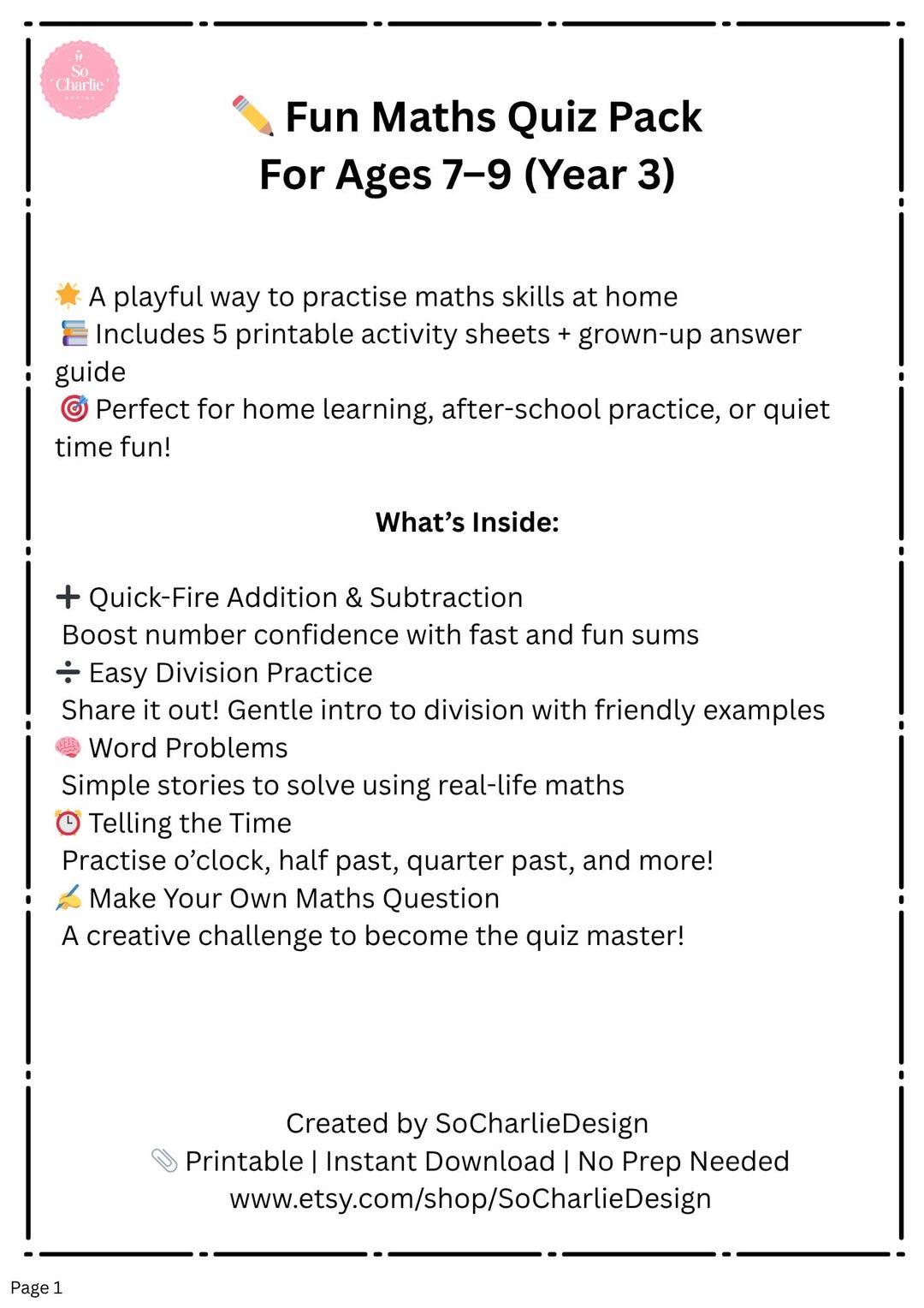 Fun Maths Quiz Pack for Ages 7–9 (year 3 UK) | Instant Download - Etsy