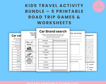 Paquete de actividades de viaje para niños: 5 juegos laminables para viajes por carretera / Hojas de trabajo imprimibles para viajes en coche, de 5 a 14 años