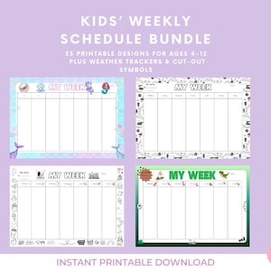 May include: A digital bundle of kids' weekly schedule templates featuring four distinct designs. Each printable sheet includes a grid for seven days, a space for a name, and various themed illustrations like mermaids, dinosaurs, and icons.