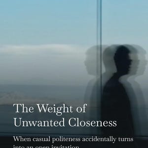 May include: A digital graphic featuring a blurred silhouette of a person against a blue sky background. The text reads: The Weight of Unwanted Closeness, When casual politeness accidentally turns into an open invitation, Amorfati, AMORFATI832371.SUBSTACK.COM.