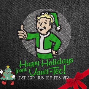 May include: A green and white Vault-Tec character wearing a Santa hat gives a thumbs up. The text "Happy Holidays from Vault-Tec!" is below the character. A small Christmas tree is in the lower left corner. A red bow is in the lower right corner.