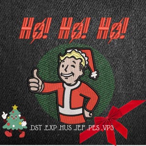 Puede incluir: Un personaje de Papá Noel rojo y blanco sobre un fondo verde con el texto "Ho! Ho! Ho!" arriba. El texto ".DST .EXP .HUS .JEF .PES .VP3" está debajo del personaje.